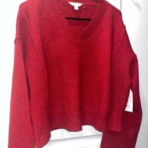 Red Crop Ribbed Sweater With Wide Arms and v-neck Woman’s Time &Tru Large NWT